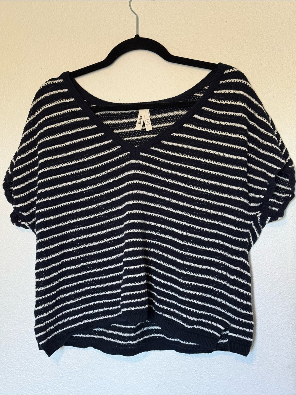 Pact Black & White Striped V-Neck Short Sleeve Top